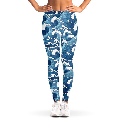 Blue Japanese Wave Pattern Print Women's Leggings