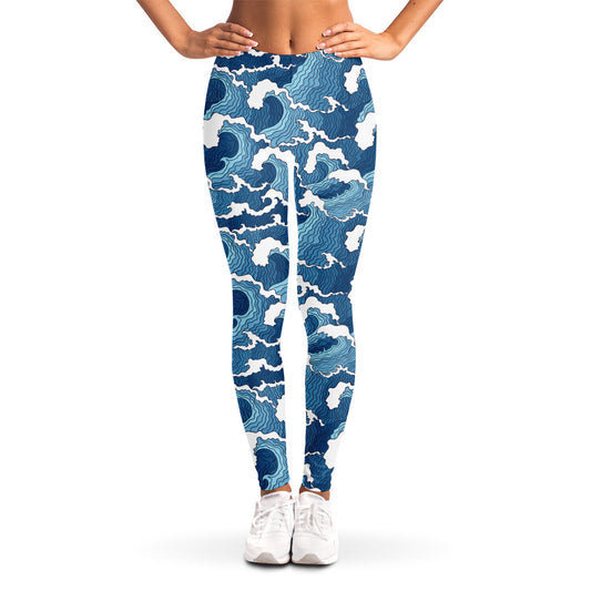Blue Japanese Wave Pattern Print Women's Leggings