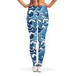 Blue Japanese Wave Pattern Print Women's Leggings
