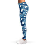Blue Japanese Wave Pattern Print Women's Leggings