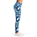 Blue Japanese Wave Pattern Print Women's Leggings