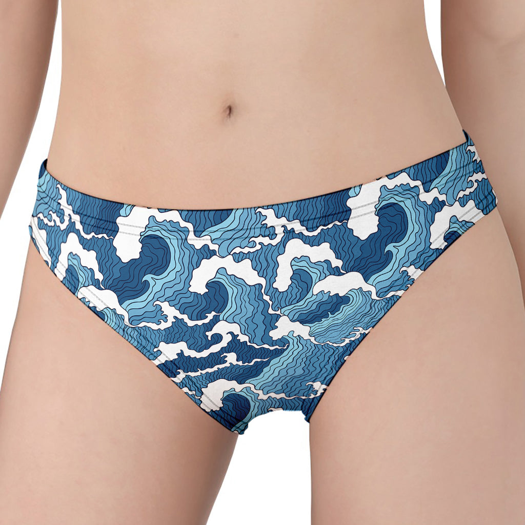 Blue Japanese Wave Pattern Print Women's Panties