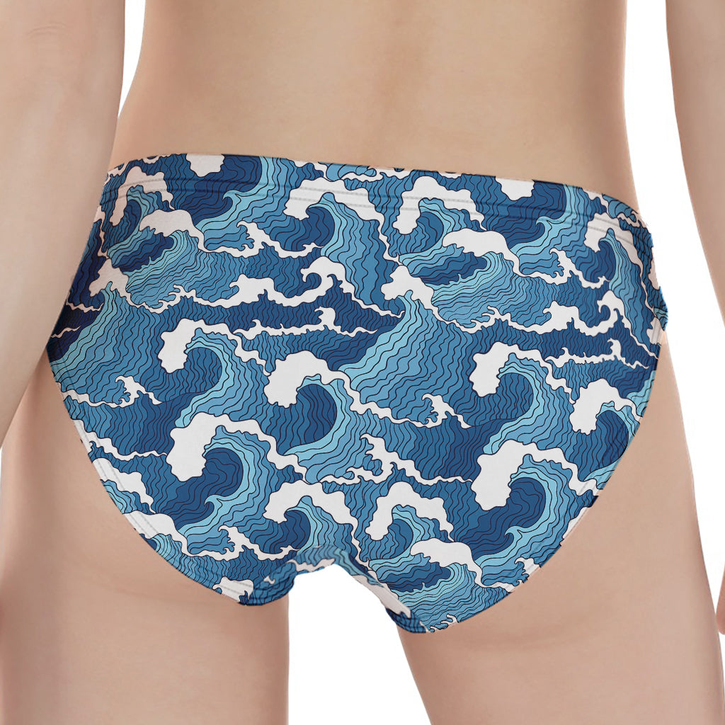 Blue Japanese Wave Pattern Print Women's Panties