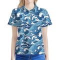 Blue Japanese Wave Pattern Print Women's Polo Shirt
