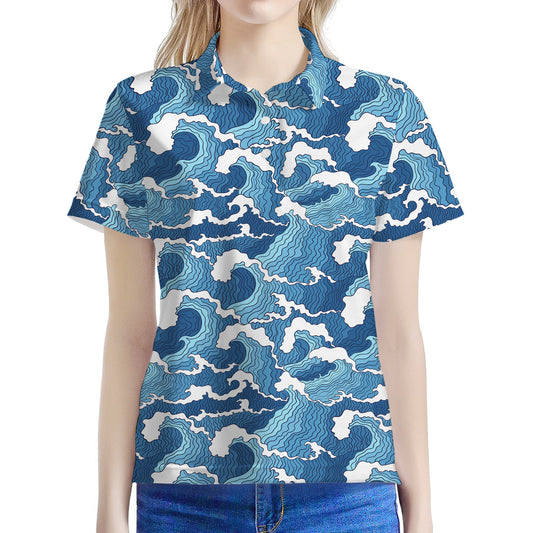 Blue Japanese Wave Pattern Print Women's Polo Shirt