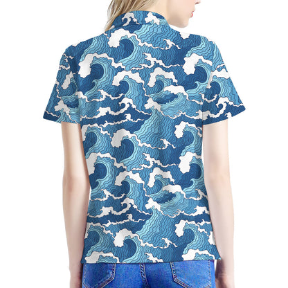Blue Japanese Wave Pattern Print Women's Polo Shirt
