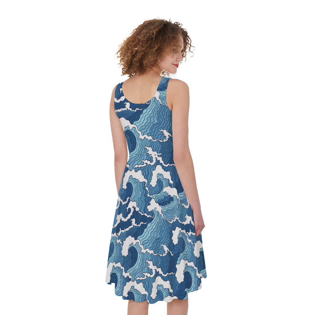 Blue Japanese Wave Pattern Print Women's Sleeveless Dress