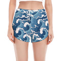Blue Japanese Wave Pattern Print Women's Split Running Shorts