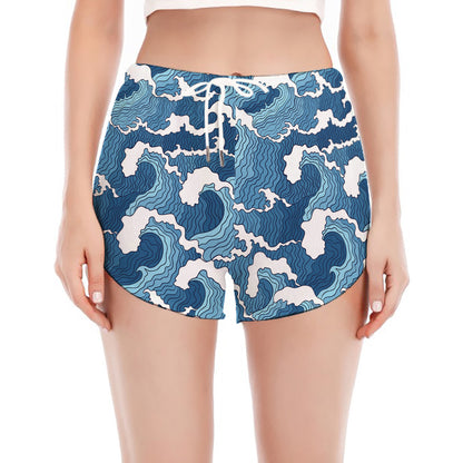 Blue Japanese Wave Pattern Print Women's Split Running Shorts