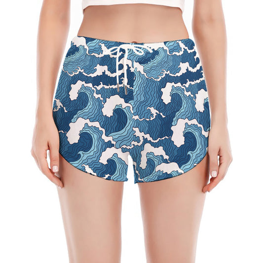 Blue Japanese Wave Pattern Print Women's Split Running Shorts
