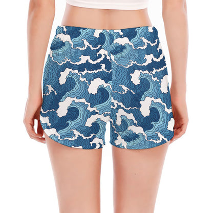 Blue Japanese Wave Pattern Print Women's Split Running Shorts