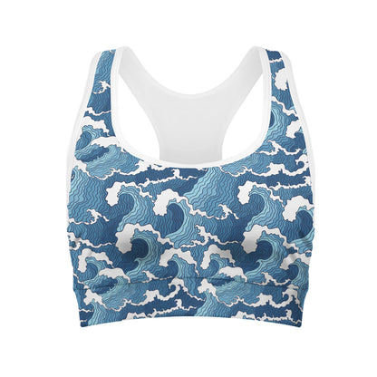 Blue Japanese Wave Pattern Print Women's Sports Bra