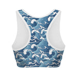 Blue Japanese Wave Pattern Print Women's Sports Bra