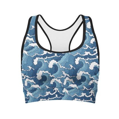 Blue Japanese Wave Pattern Print Women's Sports Bra