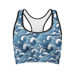Blue Japanese Wave Pattern Print Women's Sports Bra