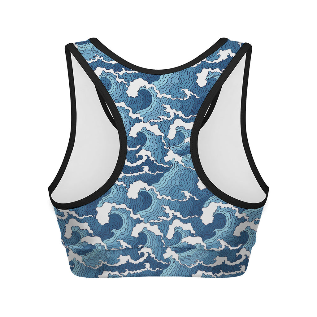 Blue Japanese Wave Pattern Print Women's Sports Bra