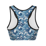 Blue Japanese Wave Pattern Print Women's Sports Bra