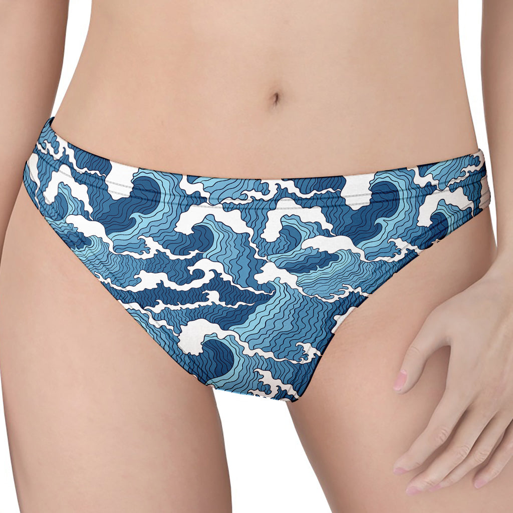 Blue Japanese Wave Pattern Print Women's Thong