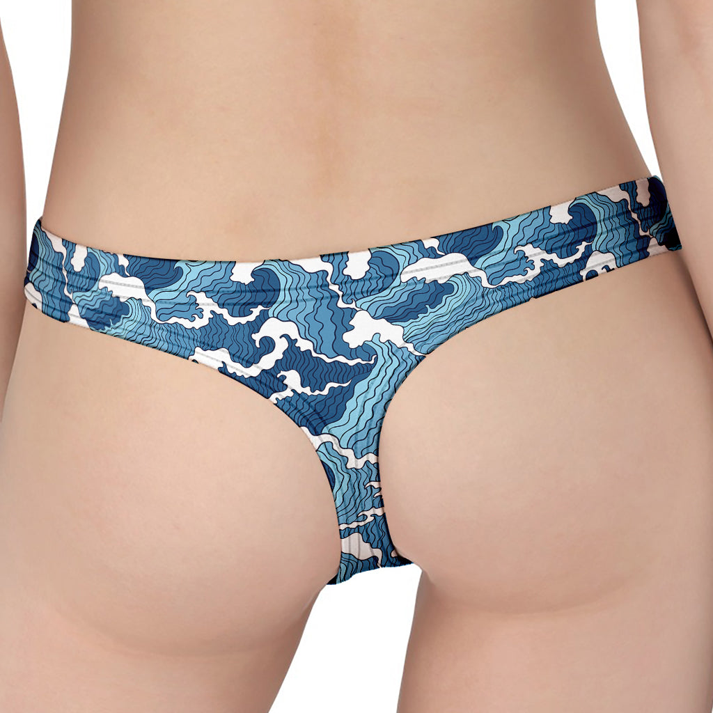 Blue Japanese Wave Pattern Print Women's Thong