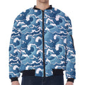 Blue Japanese Wave Pattern Print Zip Sleeve Bomber Jacket