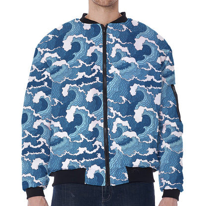 Blue Japanese Wave Pattern Print Zip Sleeve Bomber Jacket