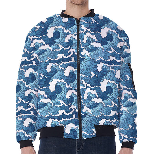 Blue Japanese Wave Pattern Print Zip Sleeve Bomber Jacket