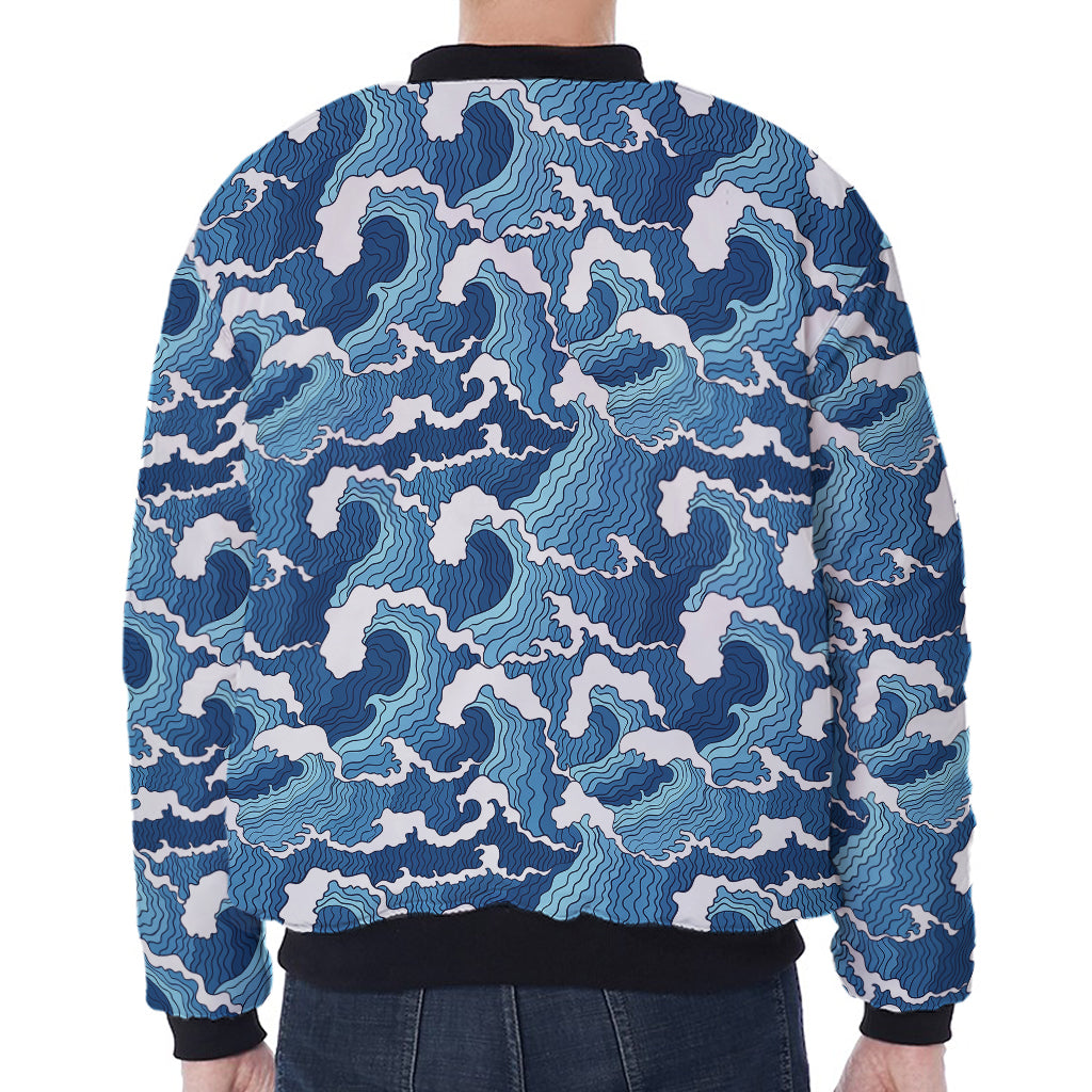 Blue Japanese Wave Pattern Print Zip Sleeve Bomber Jacket