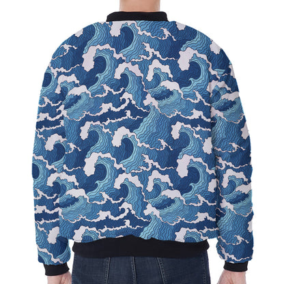Blue Japanese Wave Pattern Print Zip Sleeve Bomber Jacket
