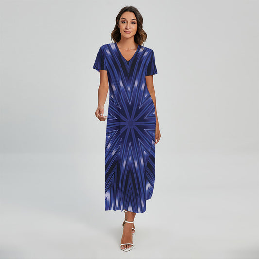 Blue Kaleidoscope Print Short Sleeve Maxi Dress