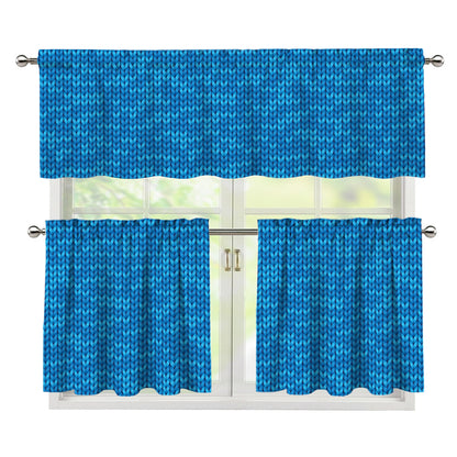 Blue Knitted Pattern Print 3 Piece Kitchen Curtains