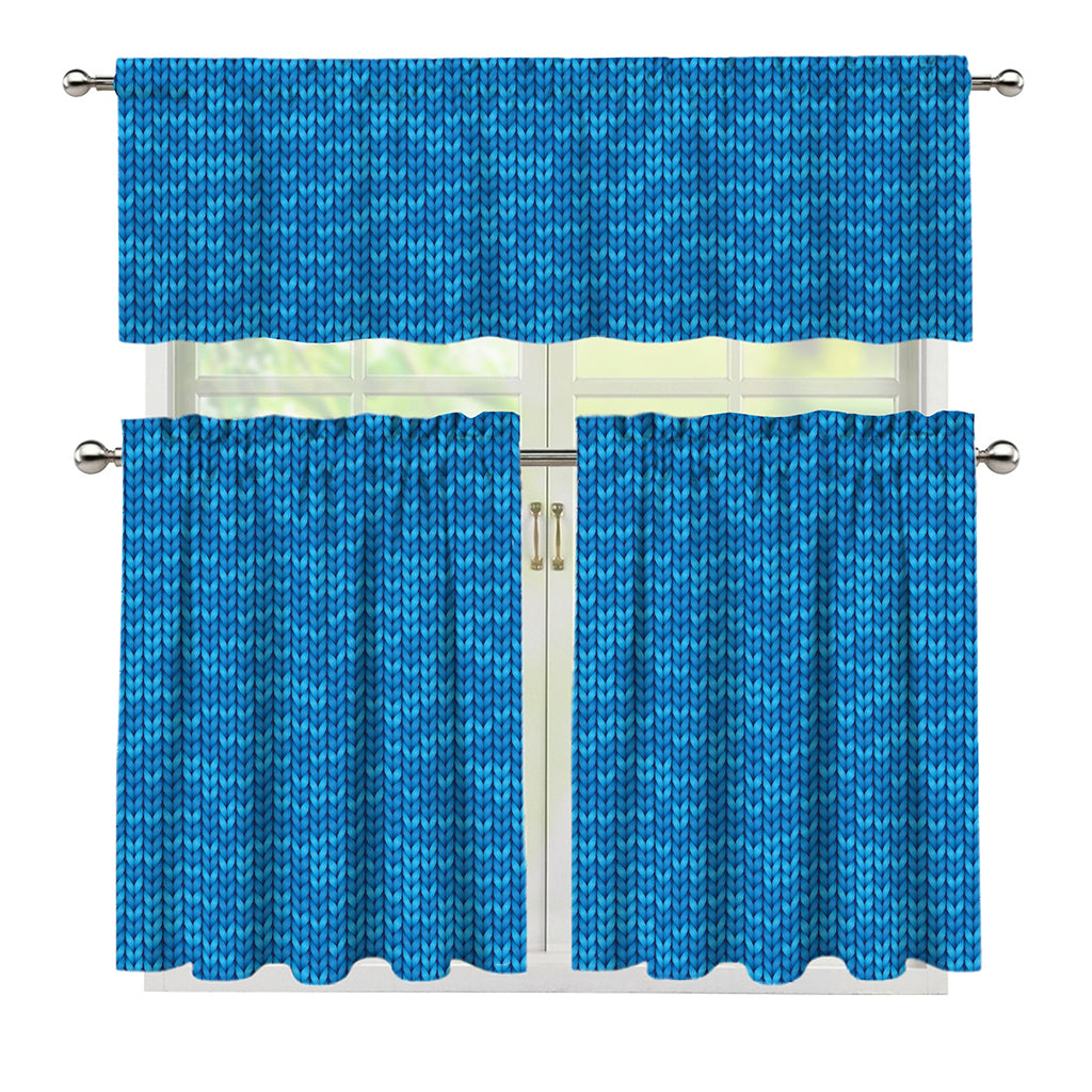 Blue Knitted Pattern Print 3 Piece Kitchen Curtains