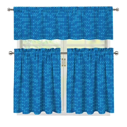 Blue Knitted Pattern Print 3 Piece Kitchen Curtains