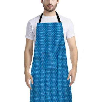 Blue Knitted Pattern Print Bib Apron With Pocket