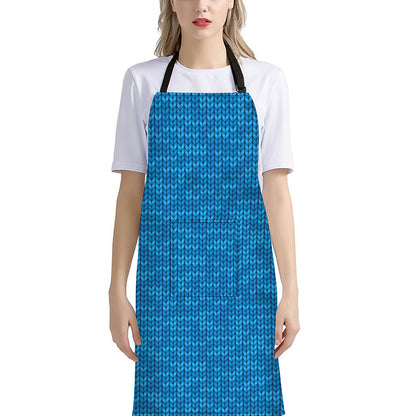 Blue Knitted Pattern Print Bib Apron With Pocket