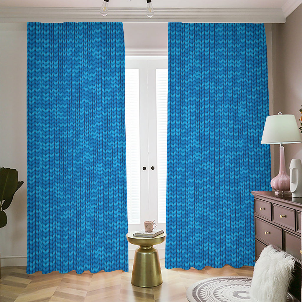 Blue Knitted Pattern Print Blackout Pencil Pleat Curtains