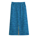 Blue Knitted Pattern Print Cotton Front Slit Maxi Skirt