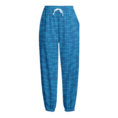 Blue Knitted Pattern Print Fleece Lined Knit Pants