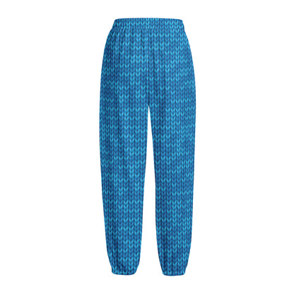 Blue Knitted Pattern Print Fleece Lined Knit Pants