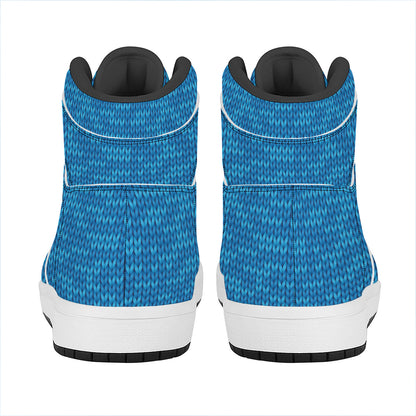 Blue Knitted Pattern Print High Top Leather Sneakers
