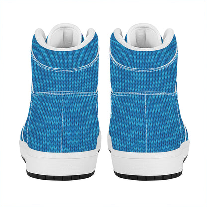 Blue Knitted Pattern Print High Top Leather Sneakers