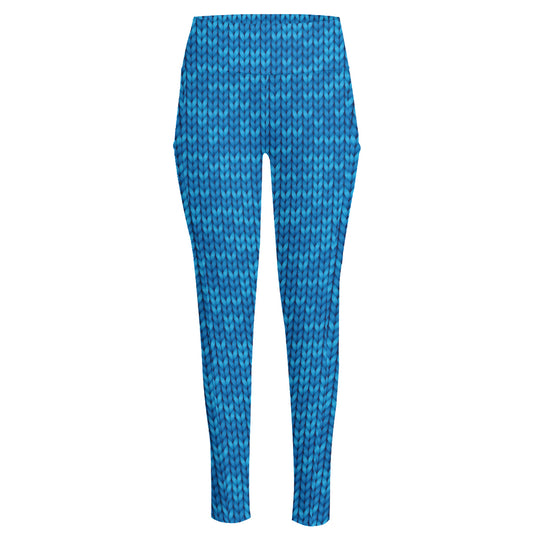 Blue Knitted Pattern Print High-Waisted Pocket Leggings