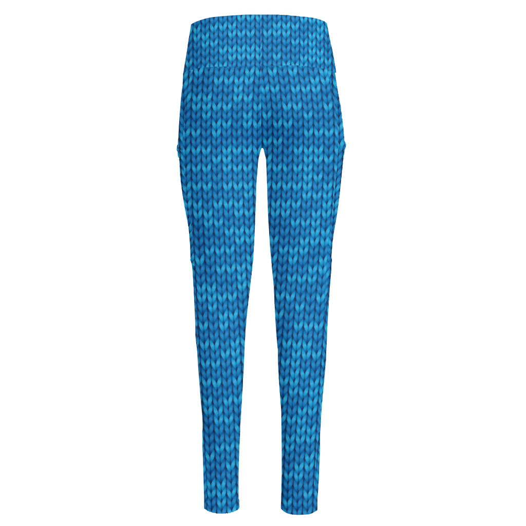 Blue Knitted Pattern Print High-Waisted Pocket Leggings