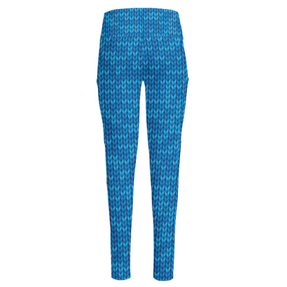 Blue Knitted Pattern Print High-Waisted Pocket Leggings