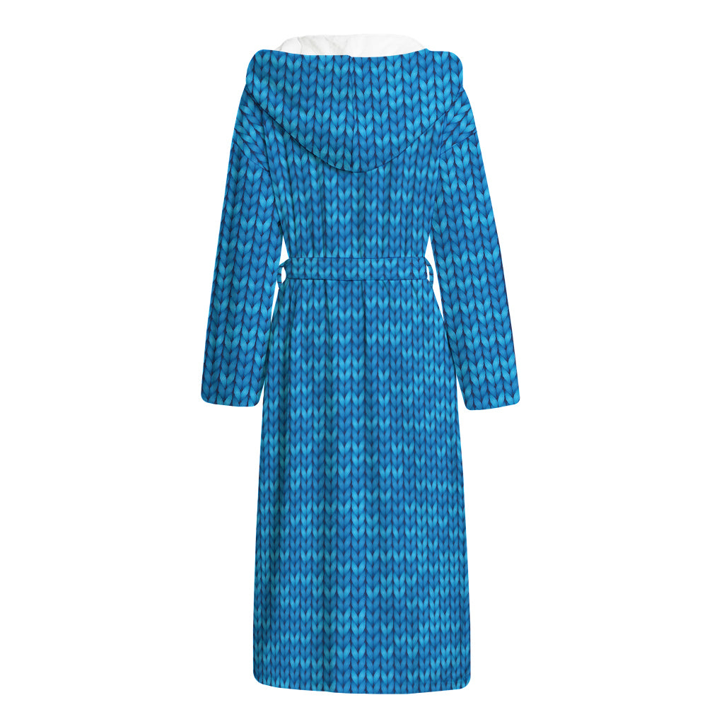 Blue Knitted Pattern Print Hooded Bathrobe
