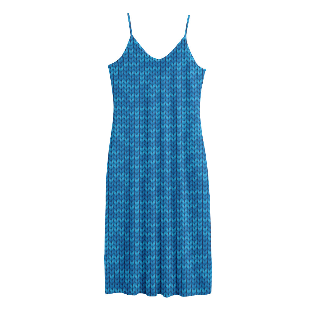 Blue Knitted Pattern Print Jersey Midi Cami Dress