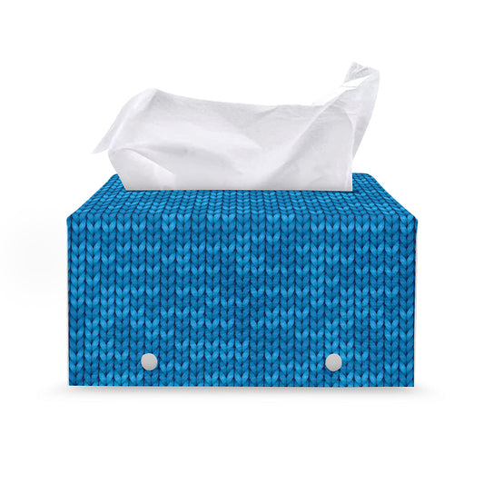 Blue Knitted Pattern Print Leather Tissue Box Cover