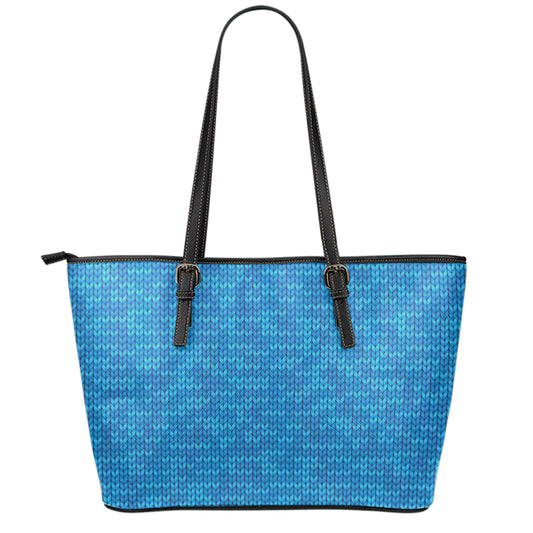 Blue Knitted Pattern Print Leather Tote Bag
