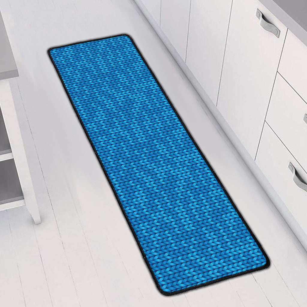 Blue Knitted Pattern Print Long Kitchen Mat