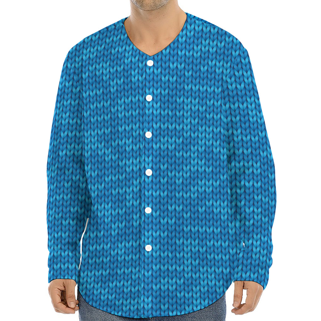 Blue Knitted Pattern Print Long Sleeve Baseball Jersey