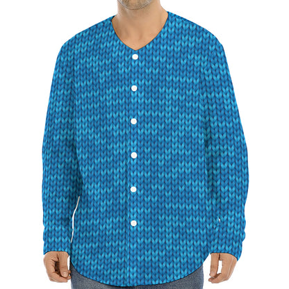 Blue Knitted Pattern Print Long Sleeve Baseball Jersey
